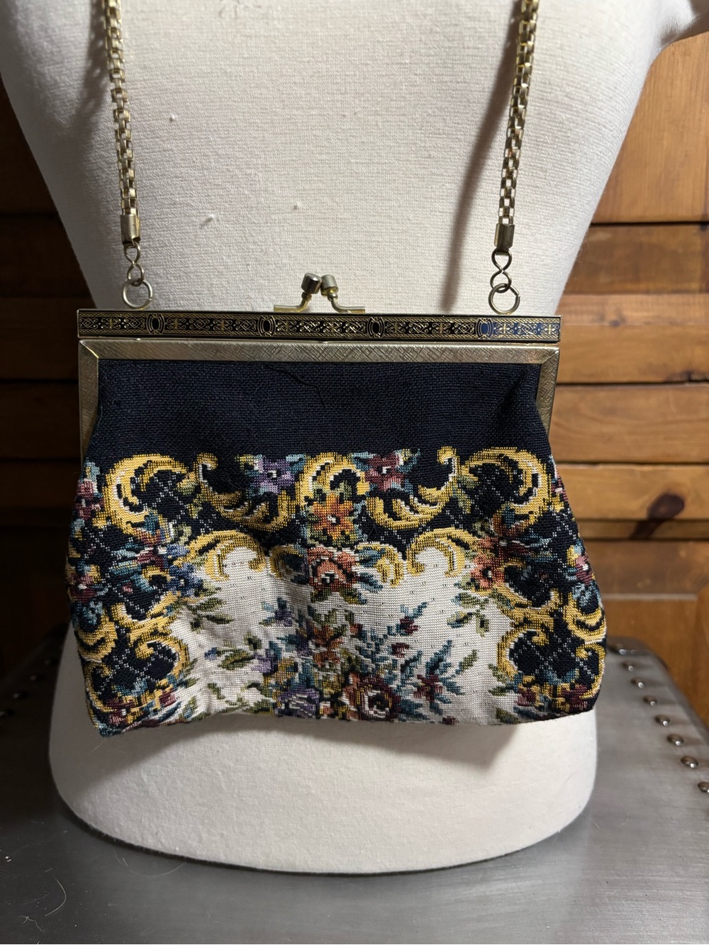 Vintage Black Floral Tapestry Shoulder Bag with Gold Frame